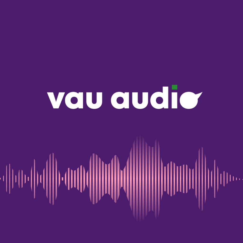 Vau Audion valkoinen logo (valkoinen teksti Vau Audio i:n piste vihreällä) violetilla taustalla ja vaaleanpunaisia ääniraitoja.